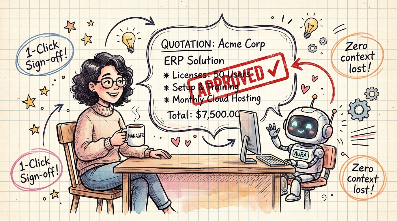 Whimsical hand-drawn illustration showing human manager and robot collaborating on 1-click sign-off