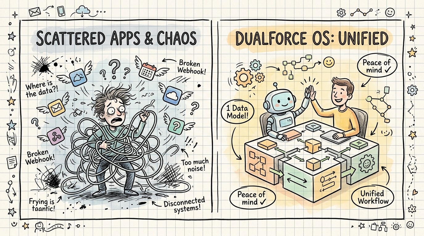 Whimsical hand-drawn comparison: Scattered apps & chaos vs. dualforceOS unified ecosystem