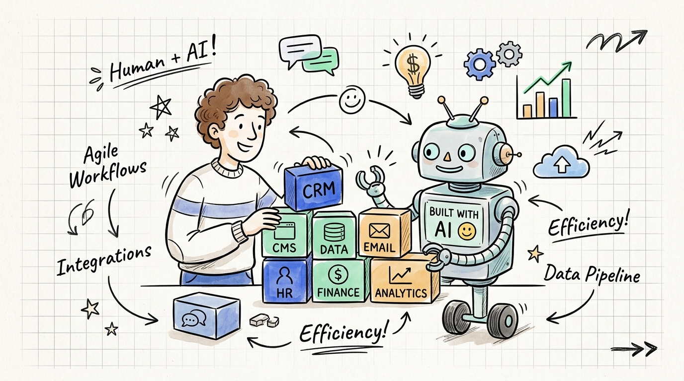 dualforceOS Hand-drawn Line Art: Human and AI Robot Assembling Modular Business Blocks