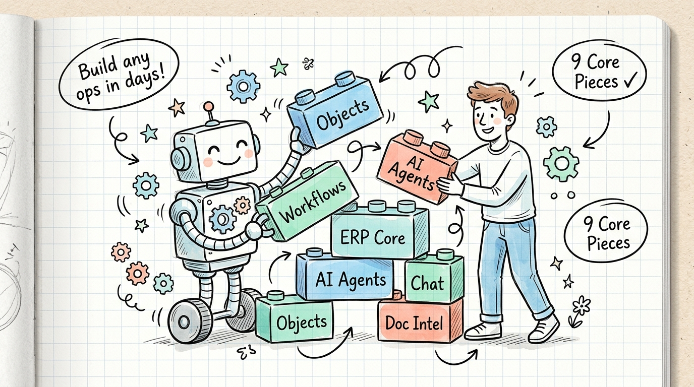 Whimsical hand-drawn editorial illustration of human and robot assembling the 9 core lego blocks